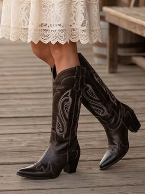Experlatto Tall High Heeled Genuine Leather Western Cowboy Boots Pointed Toe 36